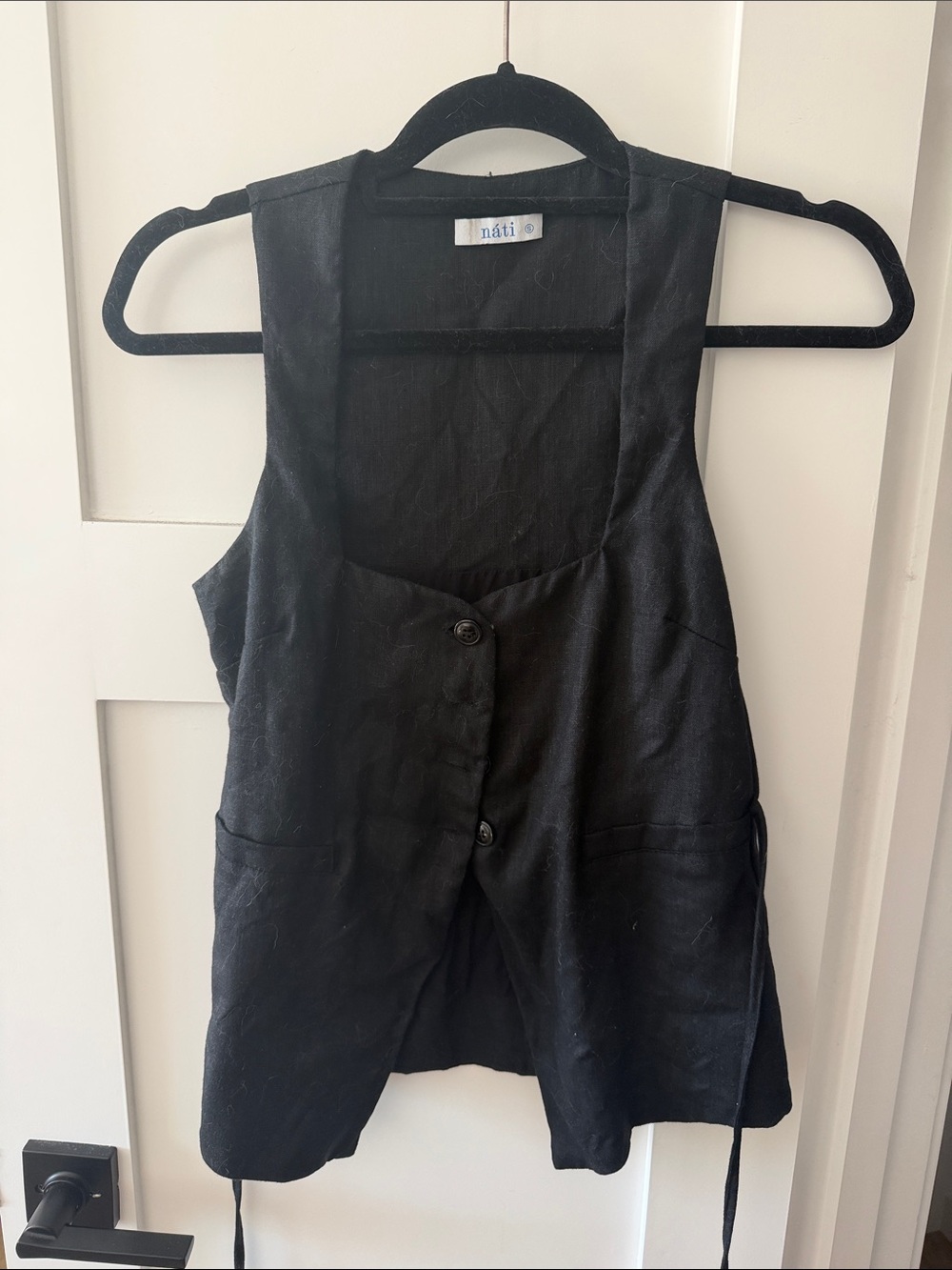 Black Linen Button-Front Women's Vest Top